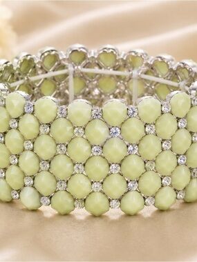 Mint Green Rhinestone Stretch Cuff Bracelet | Statement Jewelry